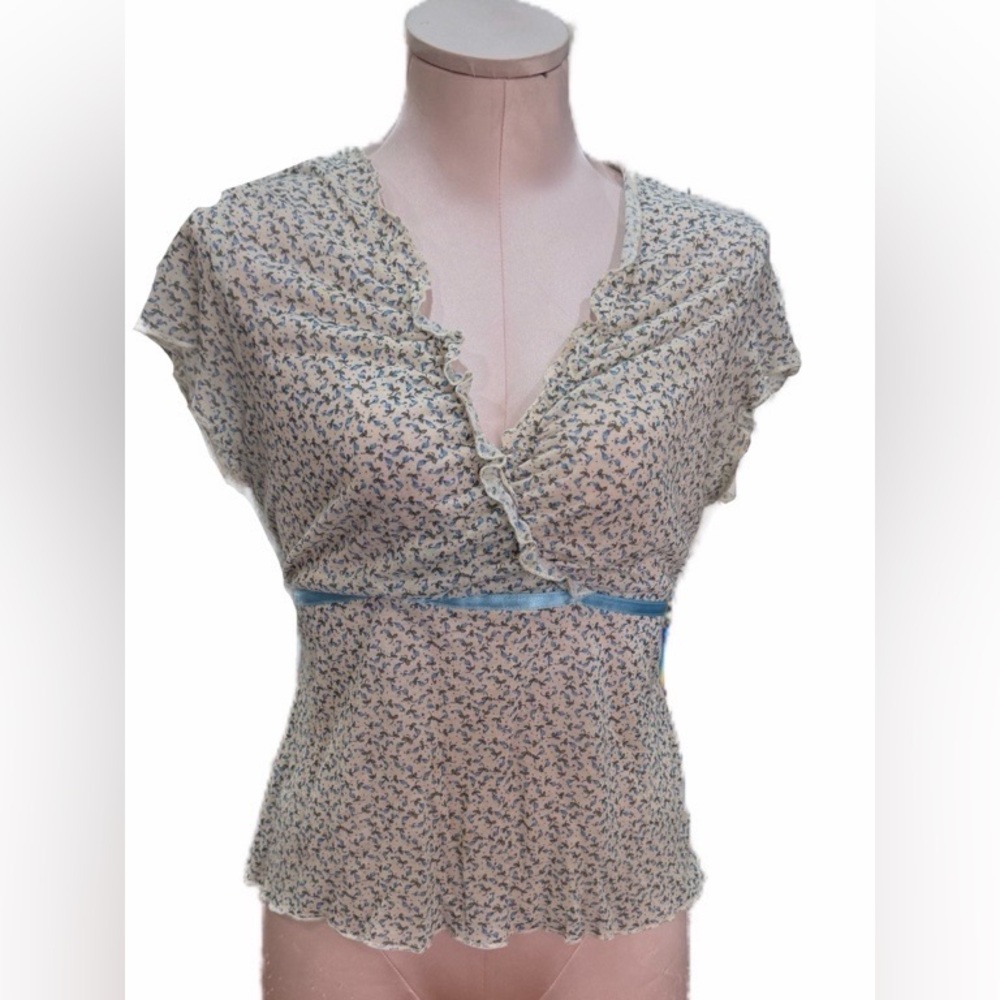 No Boundaries Cream Floral Ruffle V-Neck babydoll Top with Blue Trim